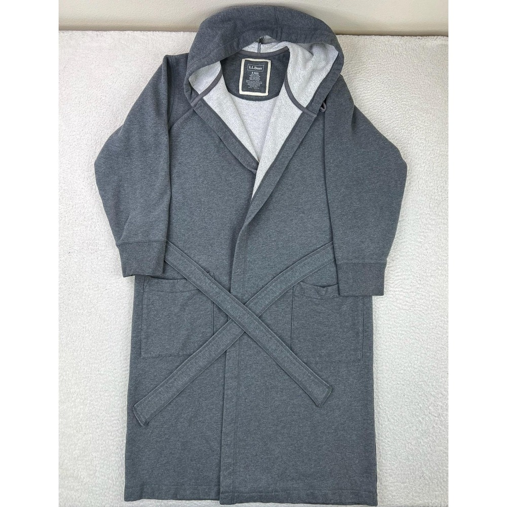 L.L. Bean Robe Mens Small Gray Terry Hooded Belted Lounge Bath Long Sleeve